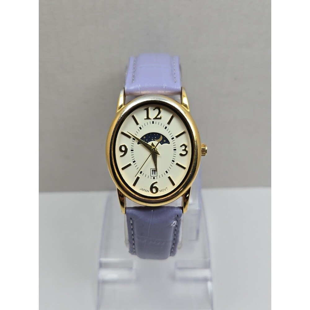Womens Vintage Avon Moon Phase Date Womens Gold Tone Leather Watch New Battery